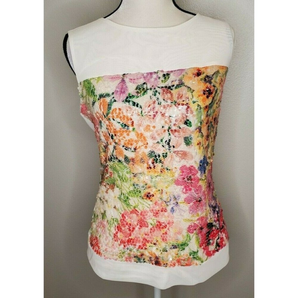Simon Chang Size Small Top White Sequin Floral